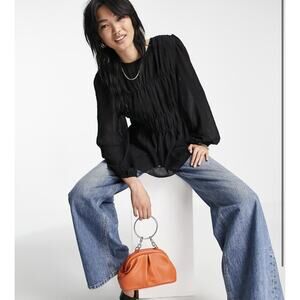 Mango MNG Black Balloon Sleeve Semi Sheer Top